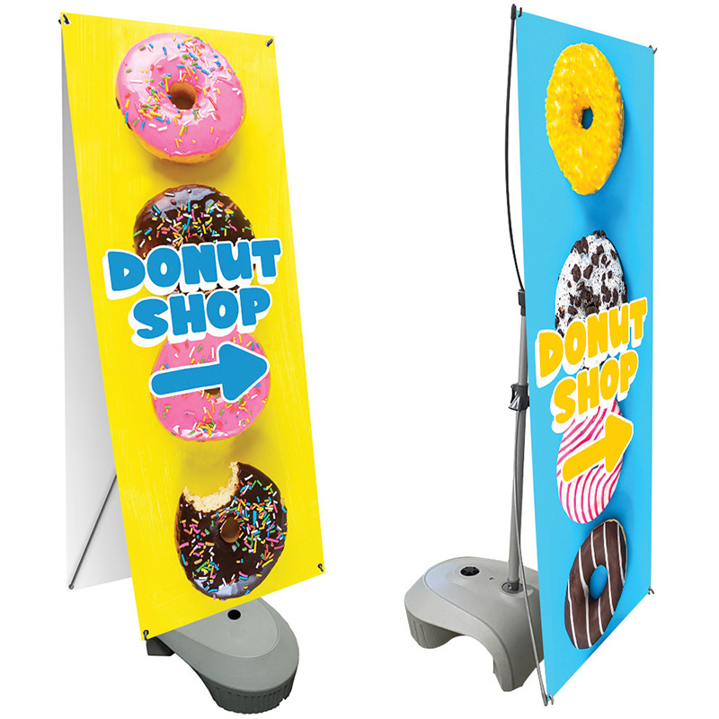 Zeppy x-frame outdoor banner stand single and double-sided with vinyl banners and base.
